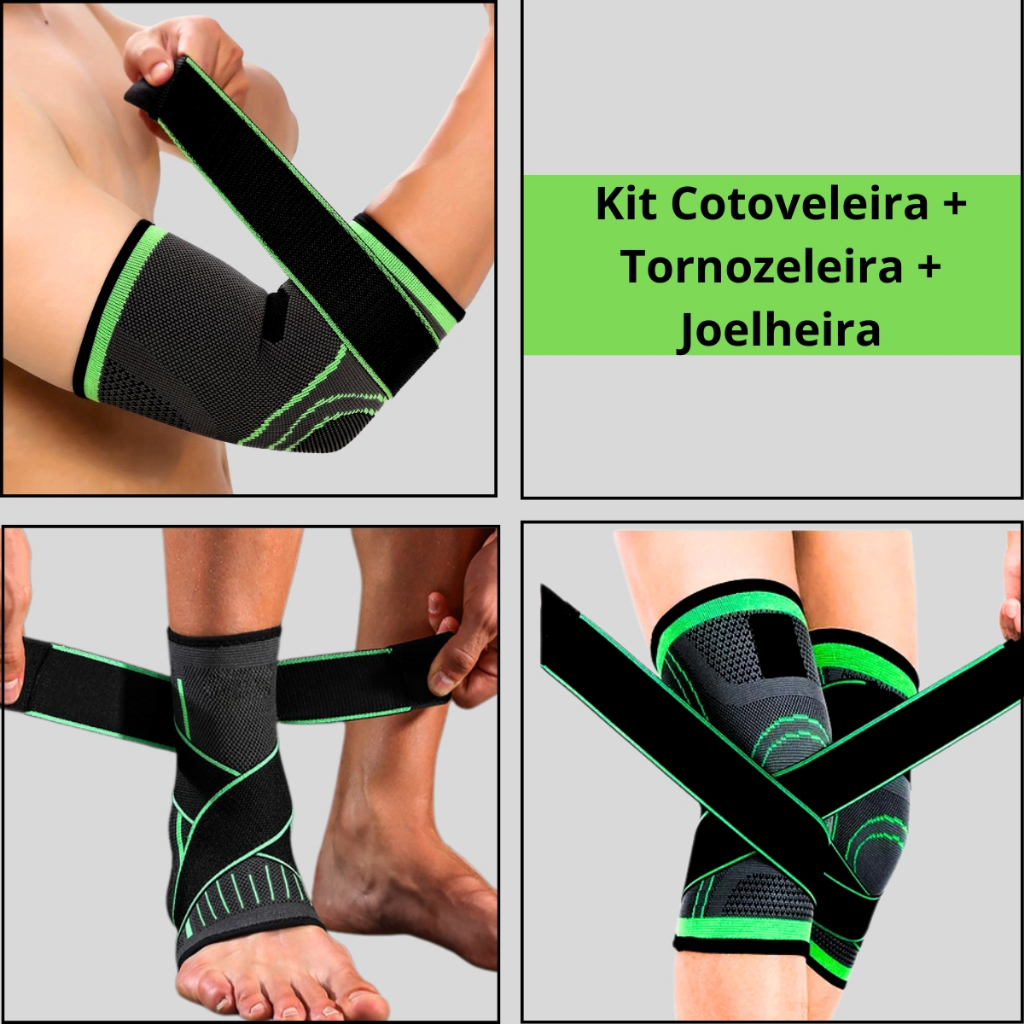 Kit Tornozeleira Joelheira Munhequeira Cotoveleira Compressão Ortopédica Esportiva Estabilizador