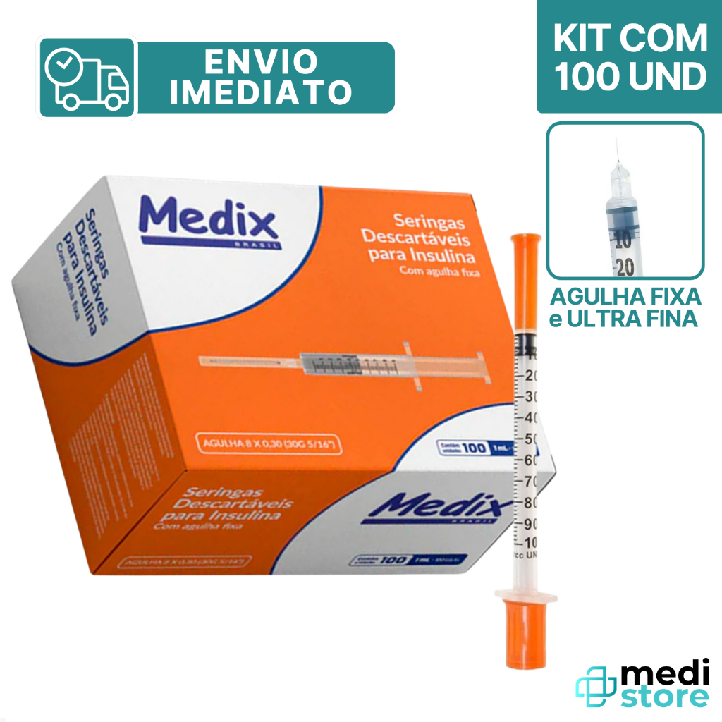 Kit com 100 - Seringa para Insulina 1mL com Agulha 12,7x0,33mm - Envio Imediato