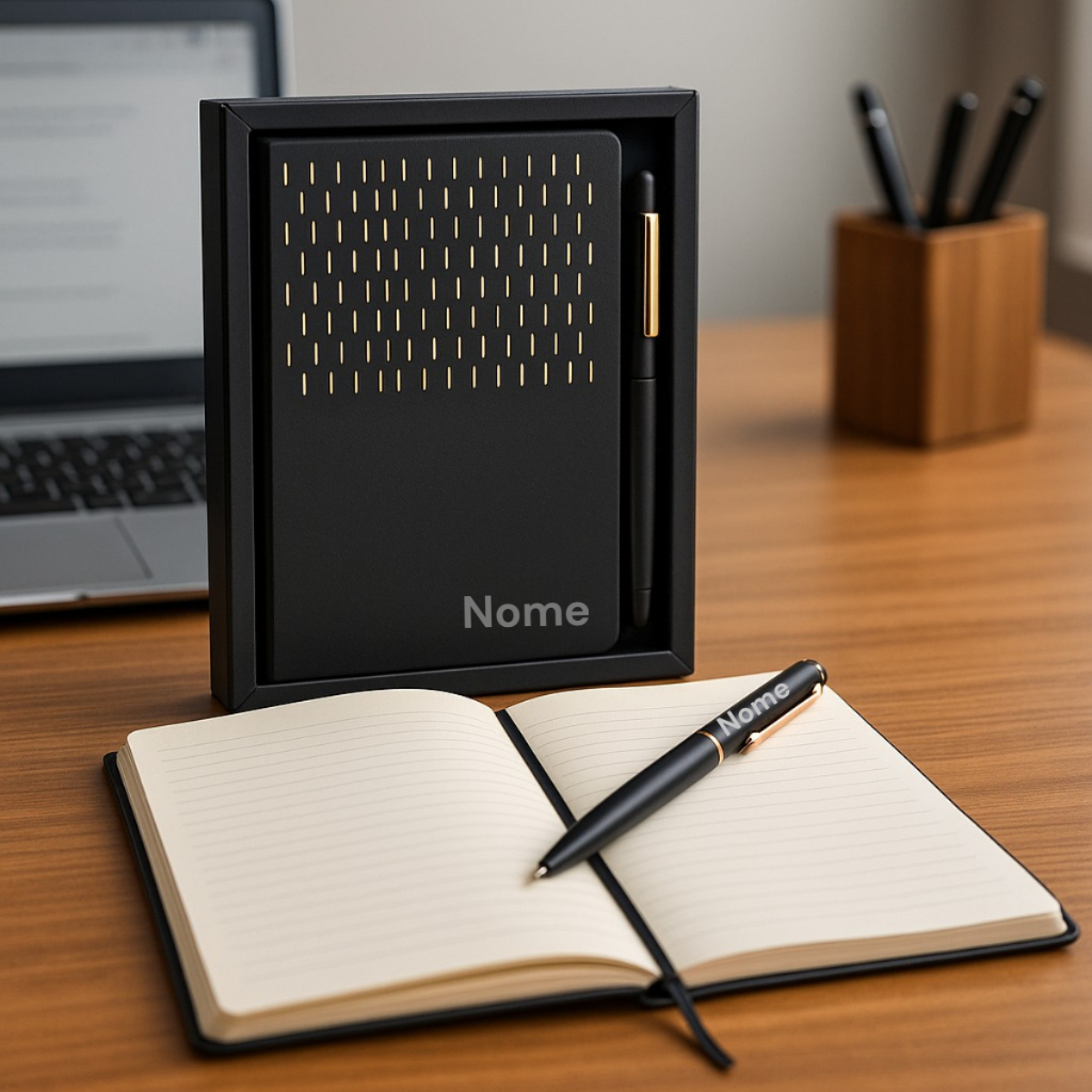 Kit Bloco Caderno com Pauta + Caneta de Metal c Nome Gravado + Caixa de Presente