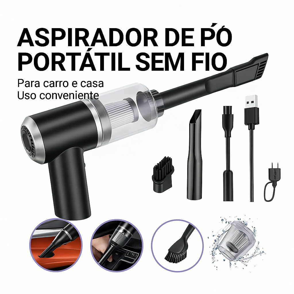 Mini Aspirador de Pó Portátil Automotivo e Doméstico 3 em 1 – Potente Sem Fio e Recarregável Forte