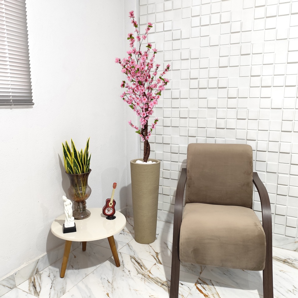 Planta Artificial Cerejeira Rosa 150cm Vaso Grafiato Mármore Pedra