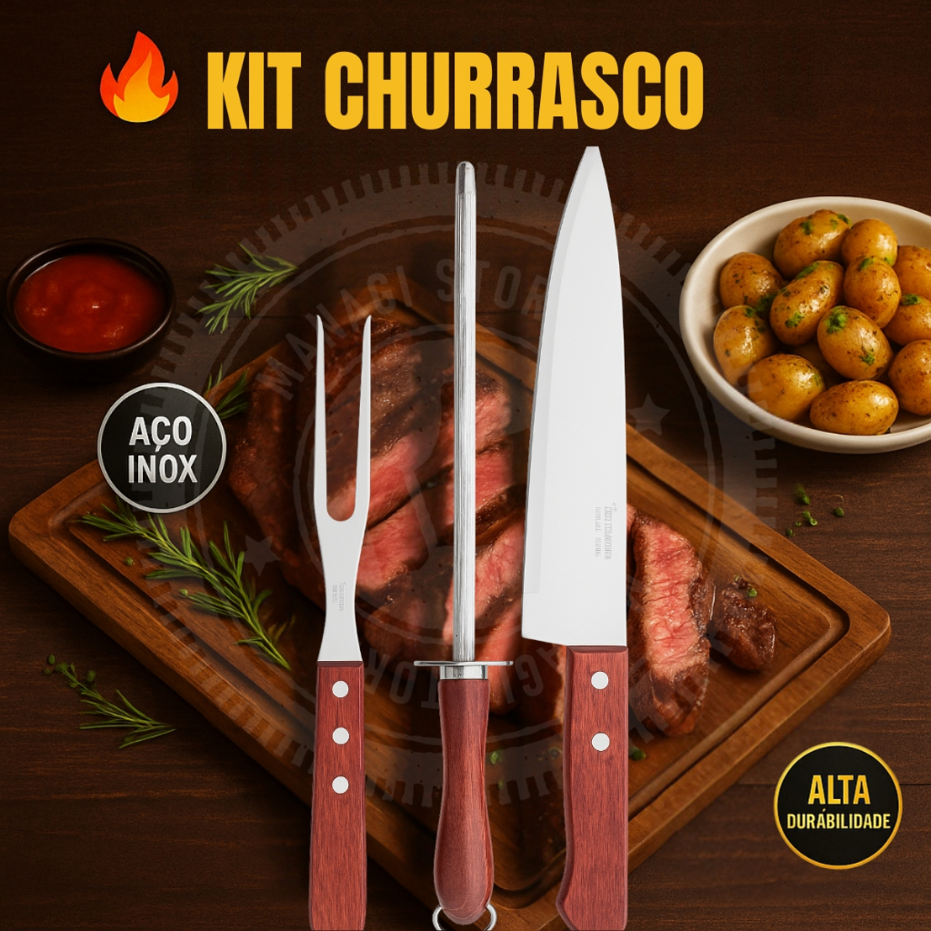 Kit Churrasco 3 Peças em Madeira Aço Inox - Faca, Garfo Trinchante e Chaira de Afiar em Oferta na Shopee