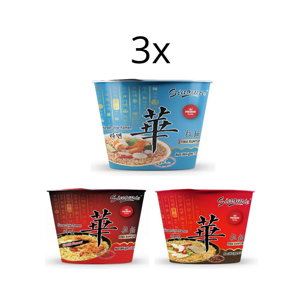 Kit 3 Lamen Asiático Sinomie 102g – Macarrao Sabores Kimchi, Frutos do Mar Picantes e Carne com Cogumelos | Mimos Korea