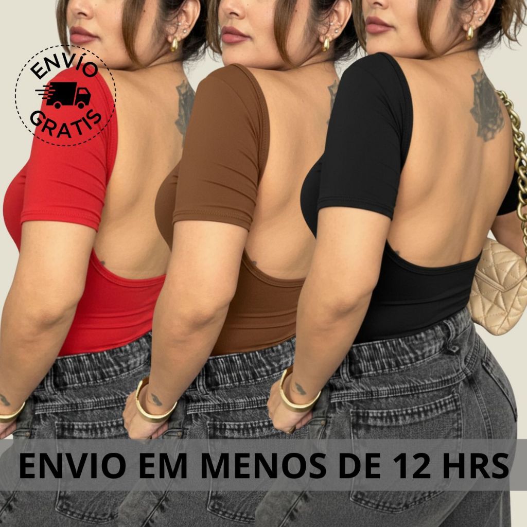 Body Feminino Suplex COSTA NUA Básica Tendência Manga Curta Body Bory Bodysuit Cavado sexy carnaval.