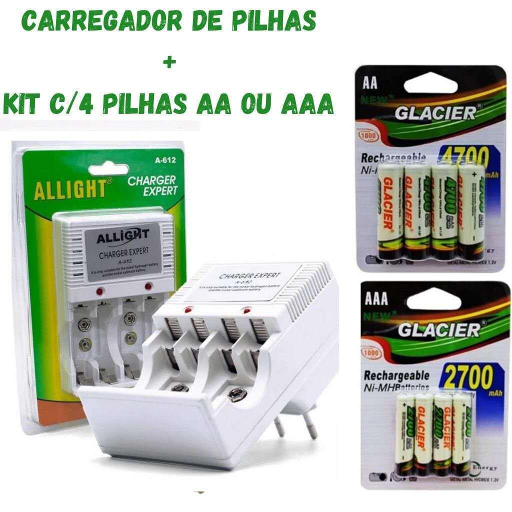 Kit carregador de pilha AA/AAA/Bateria 9v Bivolt