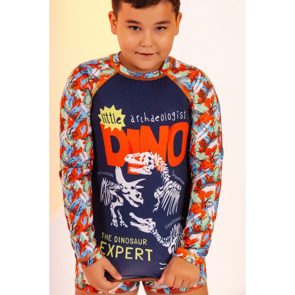 Conjunto Dinossauro, manga longa blusa + sunga, moda praia piscina , natação menino 2 a 12 anos proteção solar uv50 dino