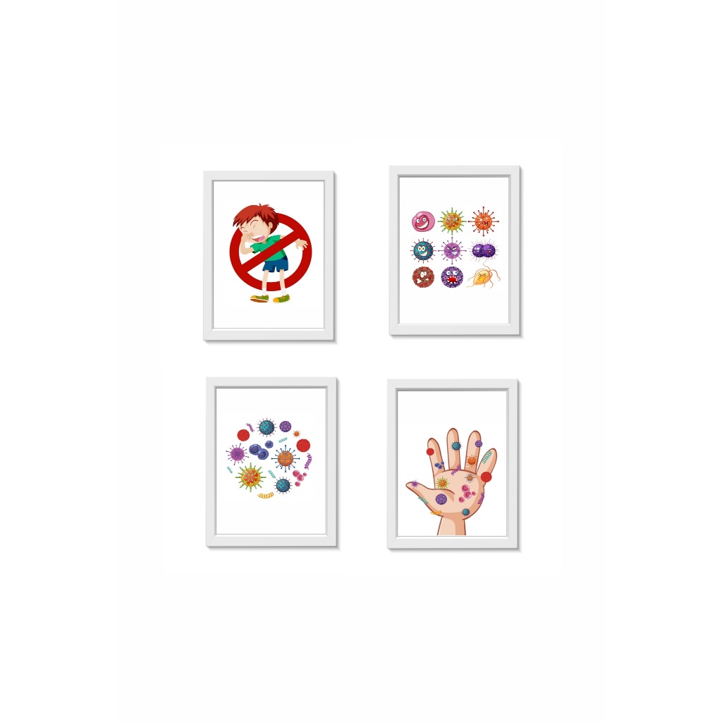 Kit 4 Quadros Decorativos Consultório Médico Pediatria  20x30cm Molduras Madeira Vidro Brancas