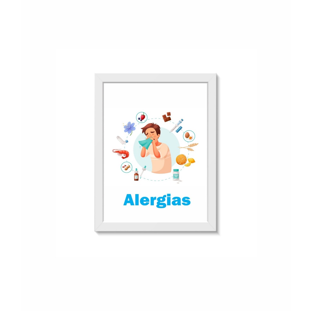 Quadro Decorativo Consultório Médico Alergias 30x40cm Moldura Madeira Vidro Branca