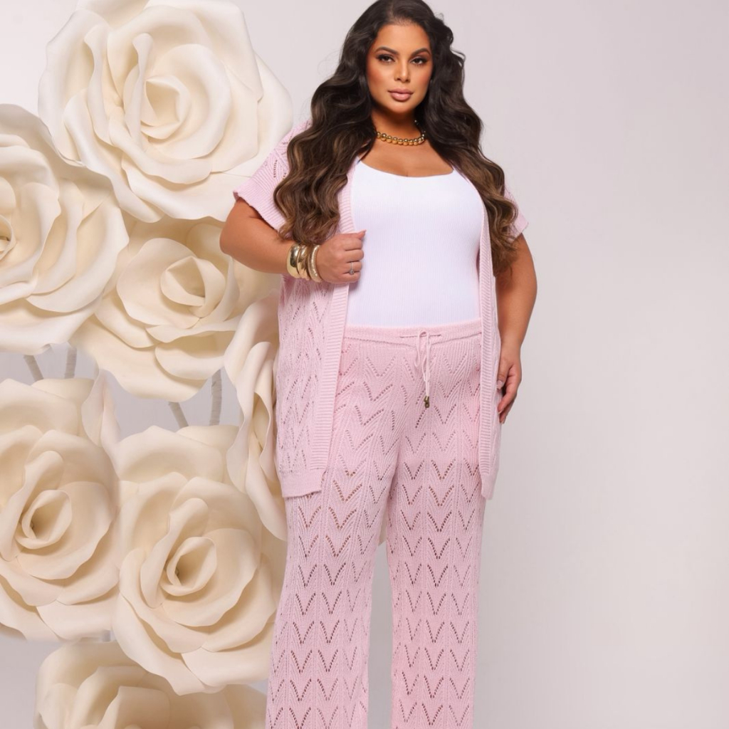 Conjunto de Tricot Elegante com Calça e Cardigan Rendado Vazado para Moda Feminina Confortável em Oferta na Shopee