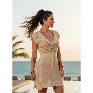 saída de praia feminino luxo curta elegante crochê tricot verão em Oferta na Shopee