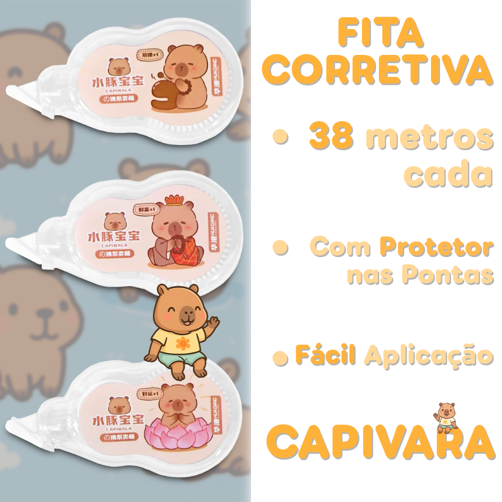 1 Conjunto Fita Corretiva Multifuncional Capivara Desenho Animado Fofo Portátil Transparente Fita Escolar 114m/3 unidade
