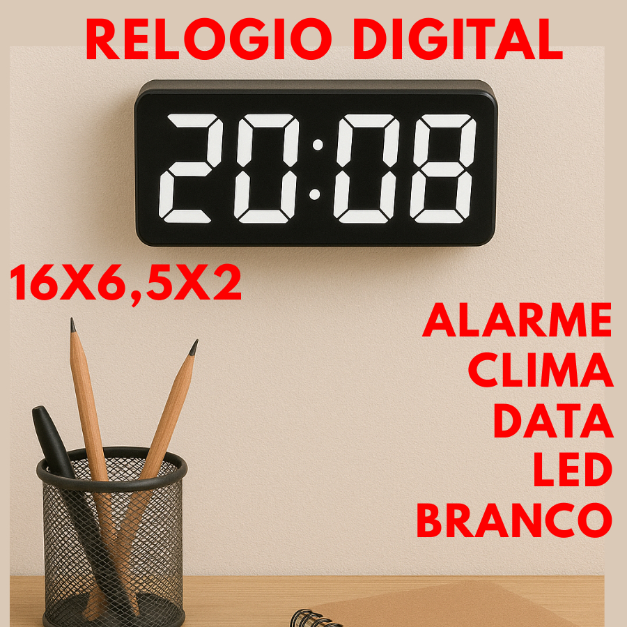 Relogio De Led Digital 16X6,5X2 Leds Brancos Para Mesa E Parede Alarme Data Temperatura em Oferta na Shopee