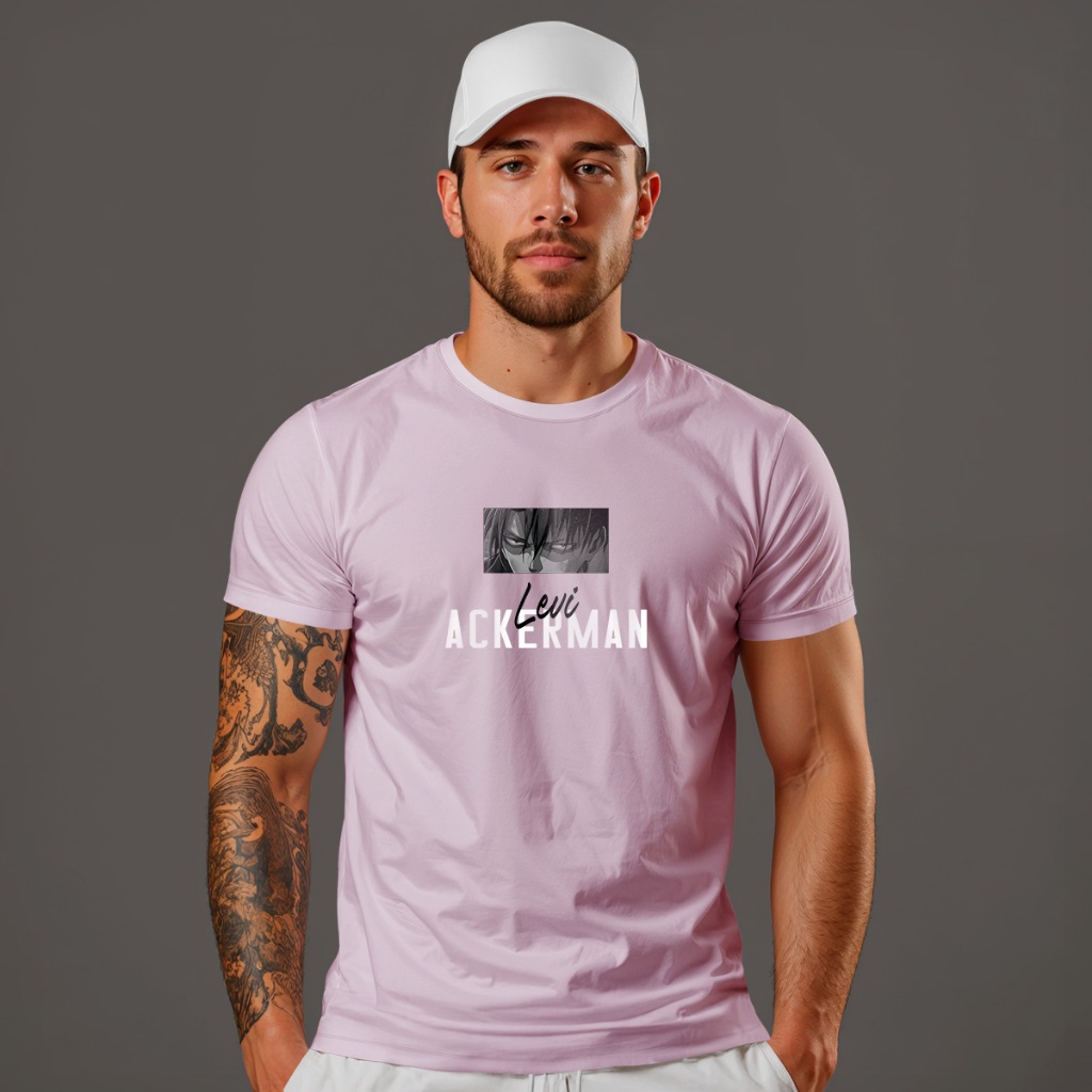 Conjunto Adulto Camiseta Colorida Estampa Anime LEVI ACKERMAN (1004) + Short TacTel Branca + Boné Branco