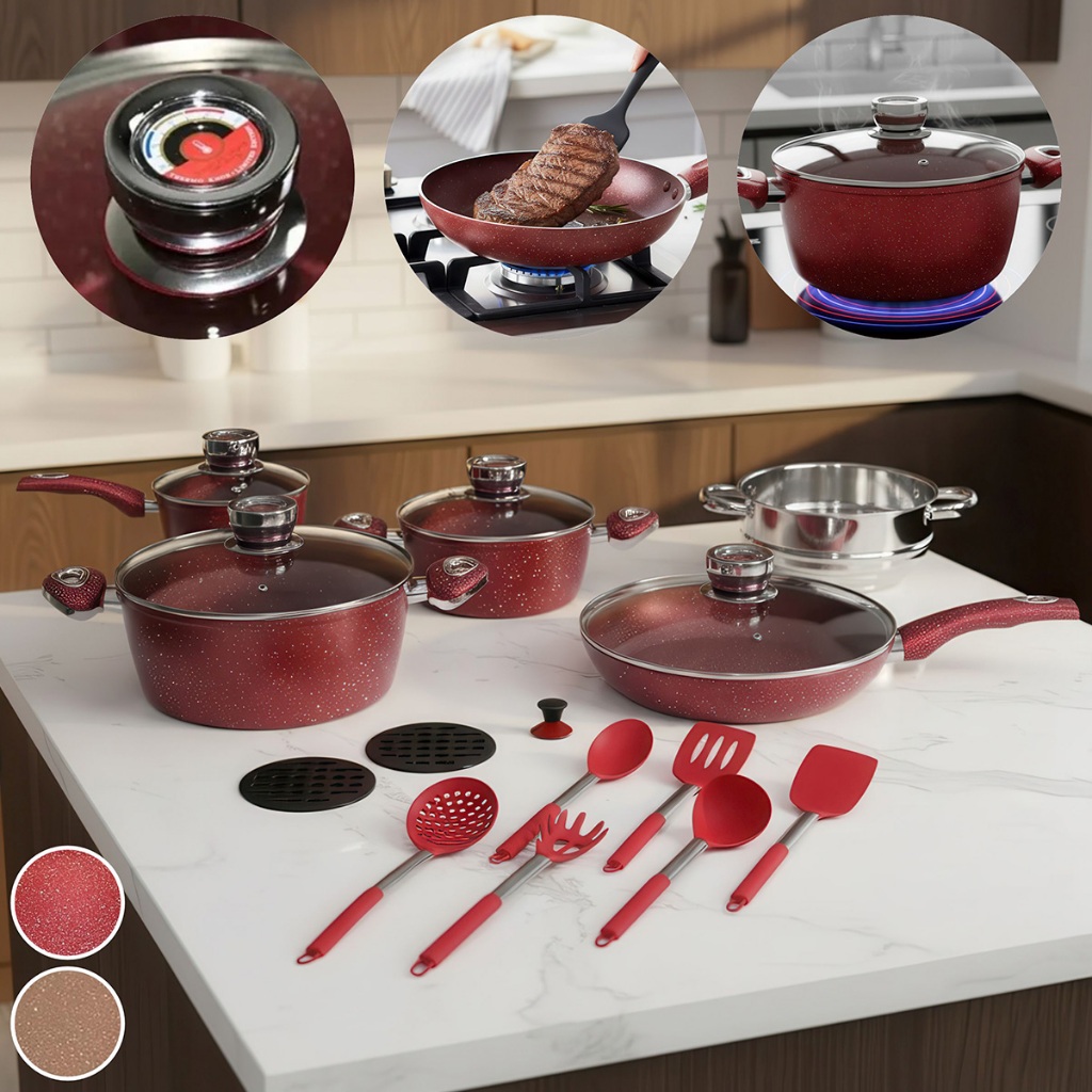 Imagem Jogo de Panelas 18 peças Indução Antiaderente com Revestimento Cerâmico e Tampa Termostato com Acessórios