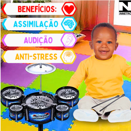 Bateria Musical Infantil 5 Tambores Com Baqueta Brinquedo Menino Menina em Oferta na Shopee