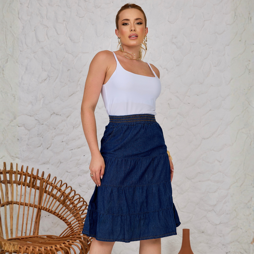 Saia Jeans Midi Feminina Godê Com Elástico Na Cintura
