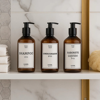 Kit Banho Frasco Âmbar Pet 3pçs Shampoo Condicionador e Sabonete líquido Dispenser 500ml em Oferta na Shopee