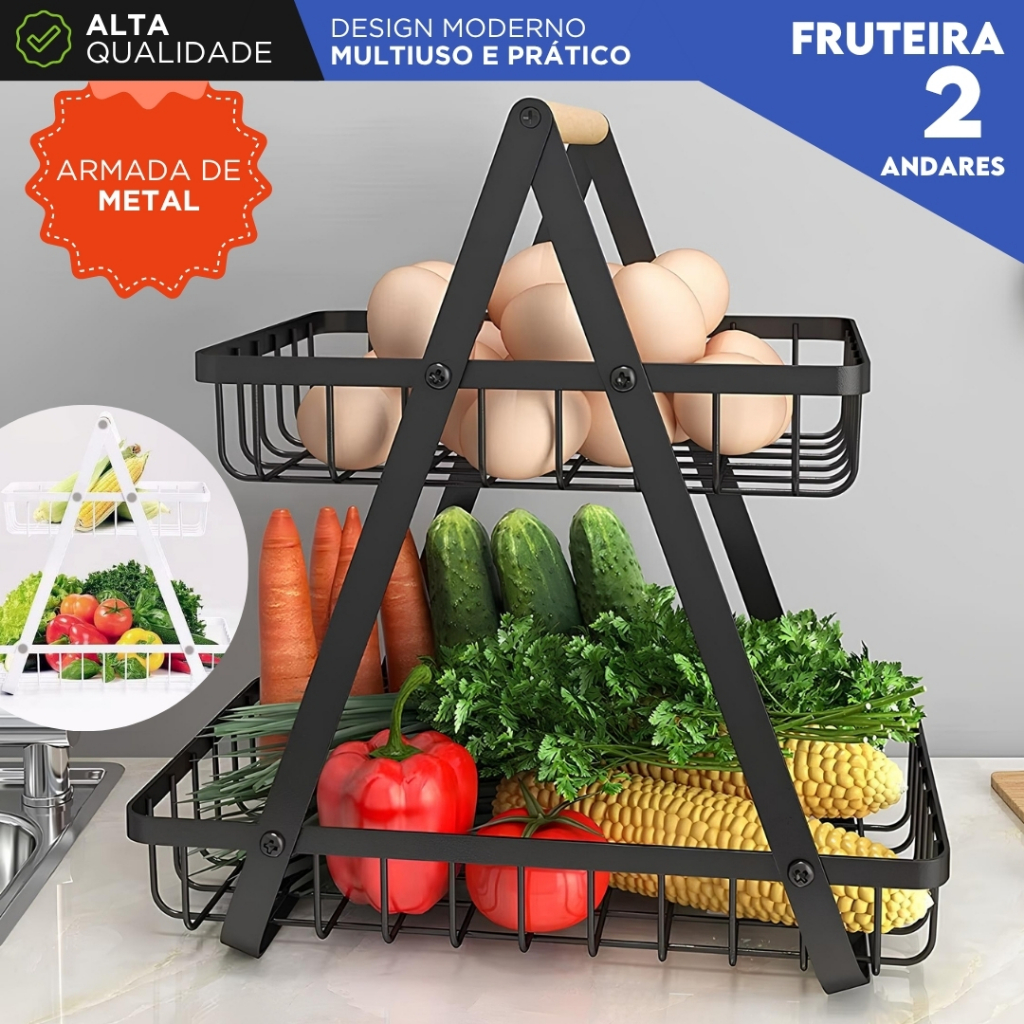 Fruteira de Mesa Preta 2 Andares em Metal com Alça de Madeira