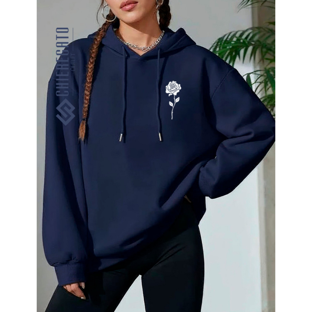 Moletom Feminino Capuz Blusa de Frio Canguru Casaco Estampado Flor Desenho Moletom Flanelado Casaco