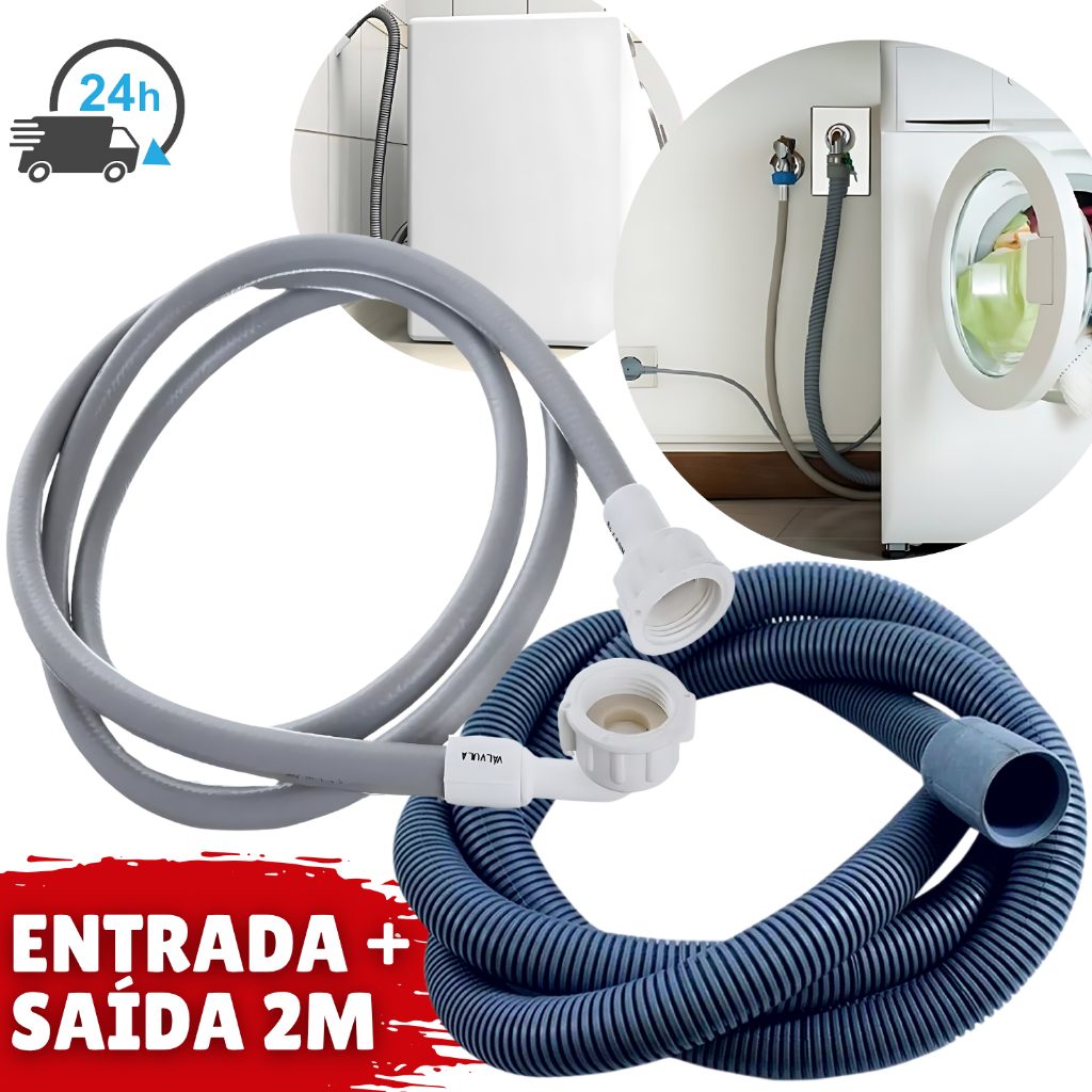 Kit Mangueira Entrada + Saída Para Maquina De Lavar Lavadora Brastemp, Eletrolux, Consul, LG