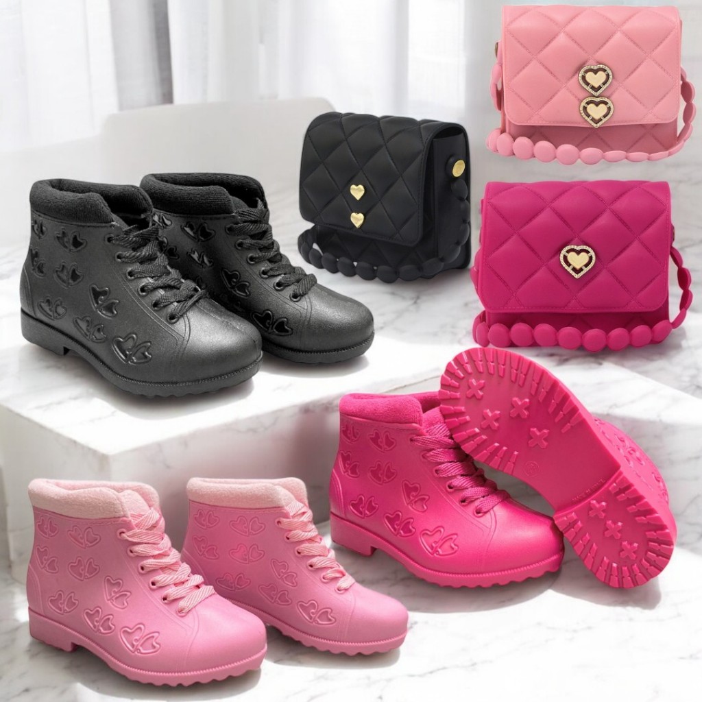Conjunto Infantil Bota + Bolsinha Coração Feminino | Material Confortável E Impermeável .