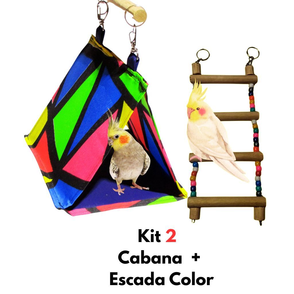 Kit 2 Brinquedos Para Calopsita Cabana + Escadinha Madeira Periquitos Agapornes Aves Passaros