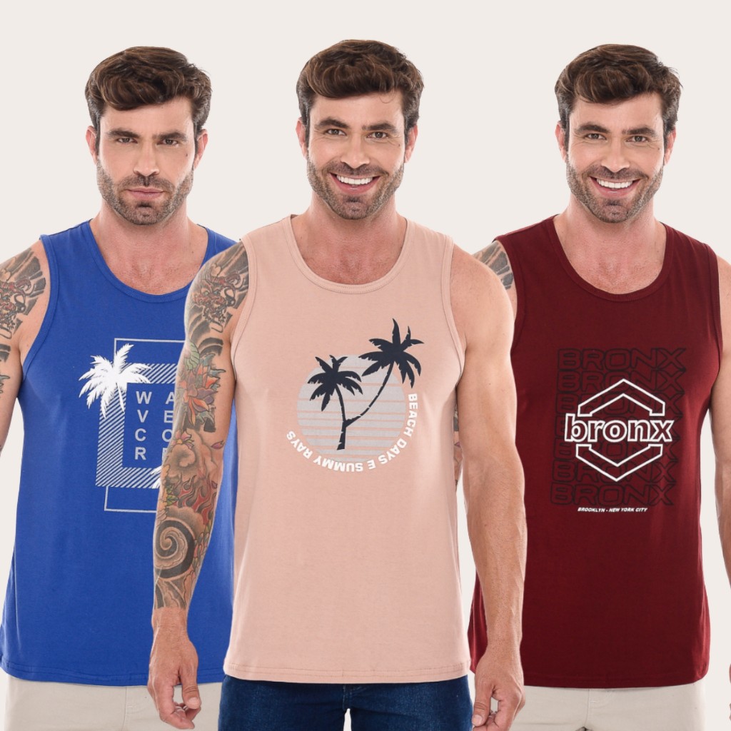 Kit 3 Camisetas Regatas Estampadas Surf Moda Praia Verão Promoção Verão Calor Praia