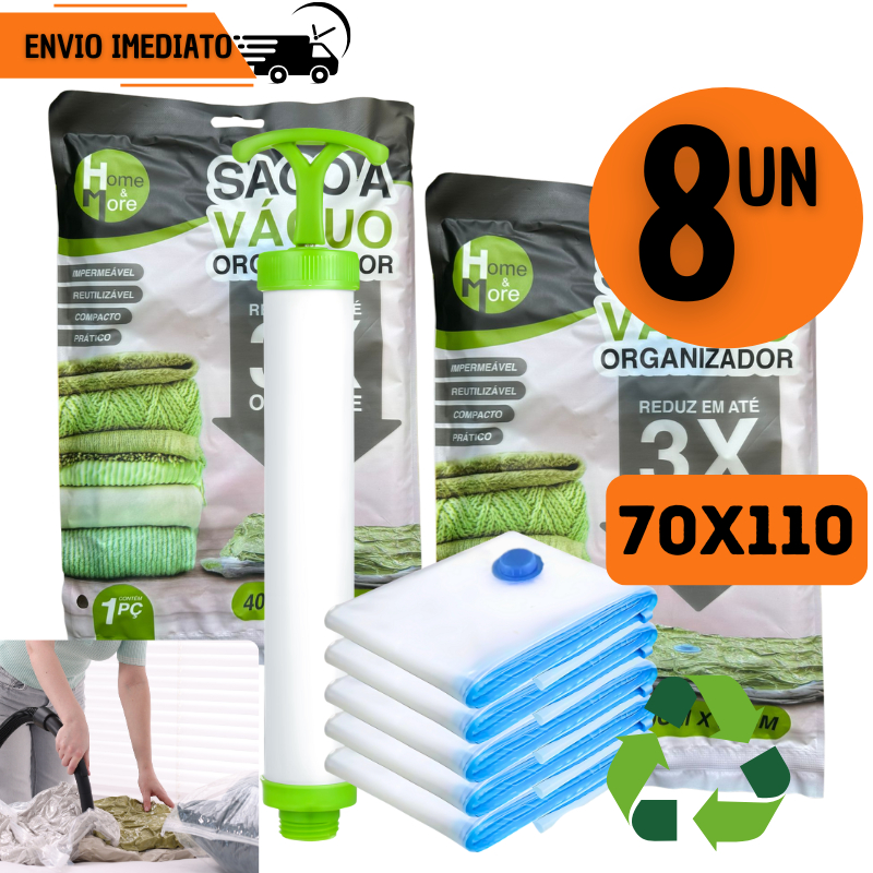 Kit 8 Sacos a Vácuo Organizadores 70x110 Bomba Manual Reduz Espaço até 3X Reutilizável Impermeável