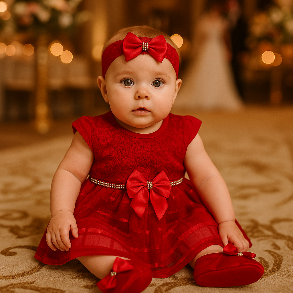 Conjunto Luxo Bebê – Vestido + Calcinha + Faixa + Sapatinho | Batizado, Casamento e Enxoval