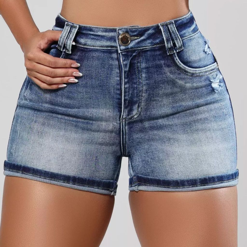 Short feminino pit bull jeans cintura alta, Shorts Hot Pants Color Modelador com Empina Bumbum Pit Bull Jeans