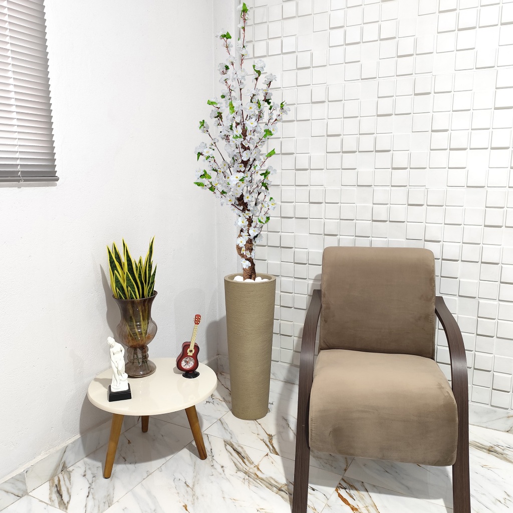 Planta Artificial Cerejeira Branca 150cm Vaso Grafiato Mármore Pedra