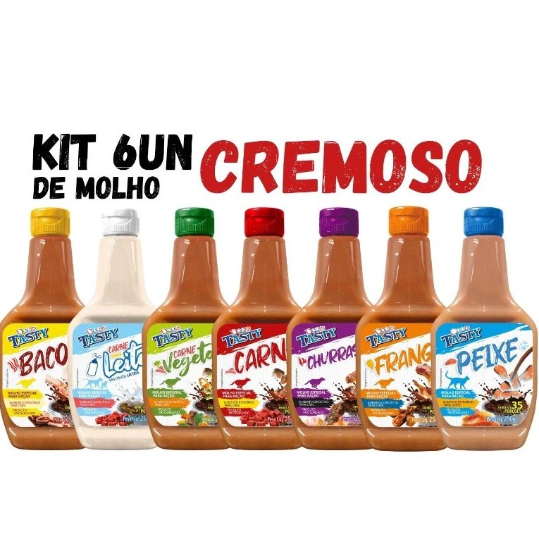 Kit 6 Unidades de Molho Especial Para Ração Tasty Para Pet Cachorro 250g Ipet Vários Sabores