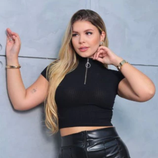 Cropped Feminino Canelado Com Zíper Manga Curta Moda Blogueira Verão