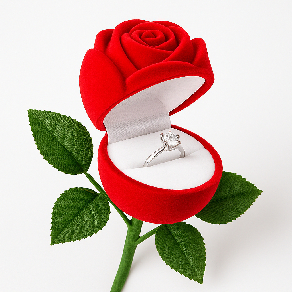 Estojo Caixinha Flor Rosa Com Cabo Namoro Noivado Casamento Veludo Brinco Anel Aliança Joia Presente