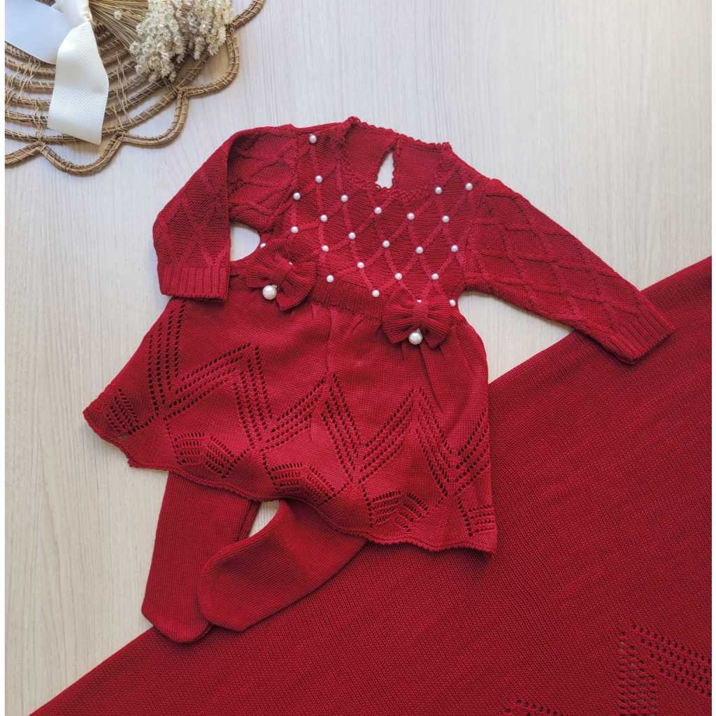 Saída de maternidade menina conjunto Gabriela vermelho 3 peças tricot