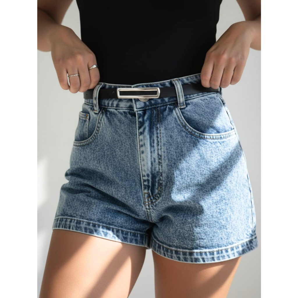 Short Jeans Feminino Marmorizado Sem Lycra Cintura Alta com Bolsos Compridinho Soltinho Confortável em Oferta na Shopee