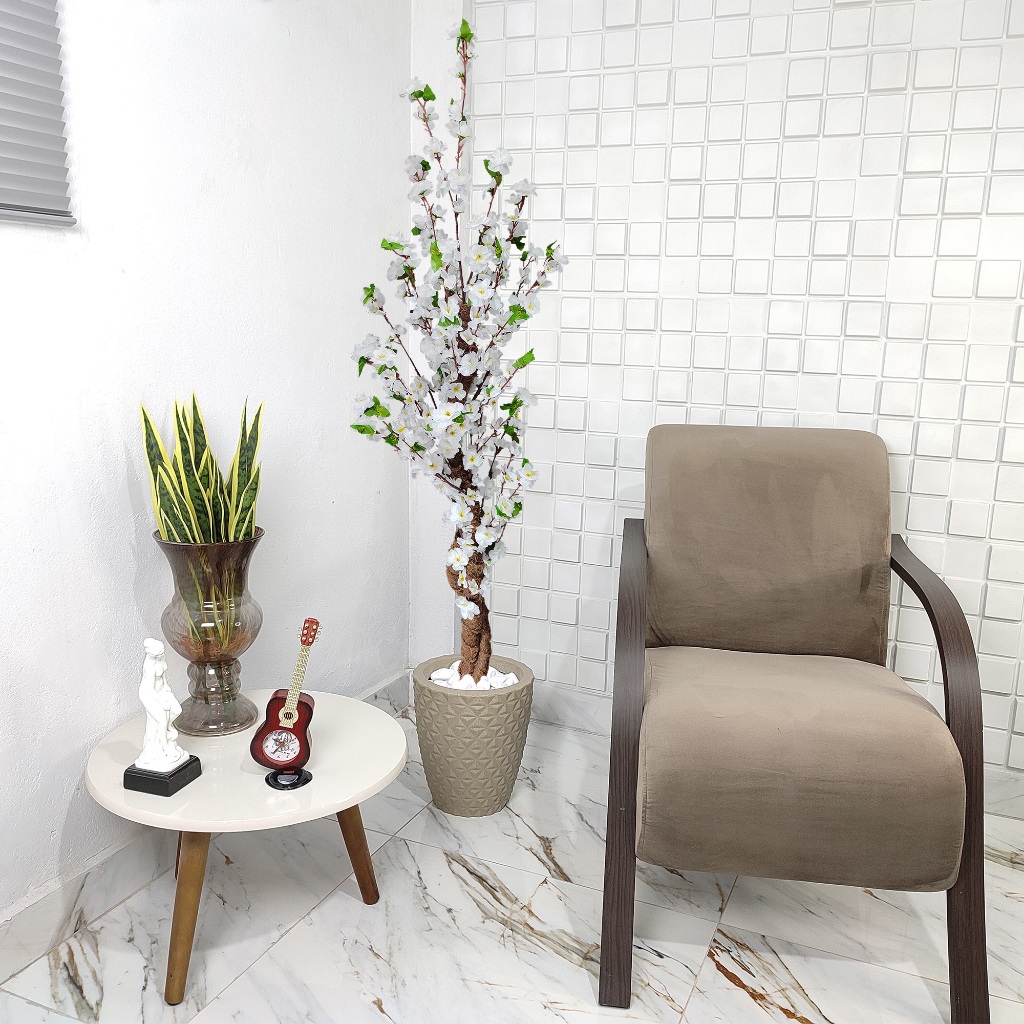 Flor Pessegueiro Cerejeira Artificial Branca 150cm Vaso Liso Pedra
