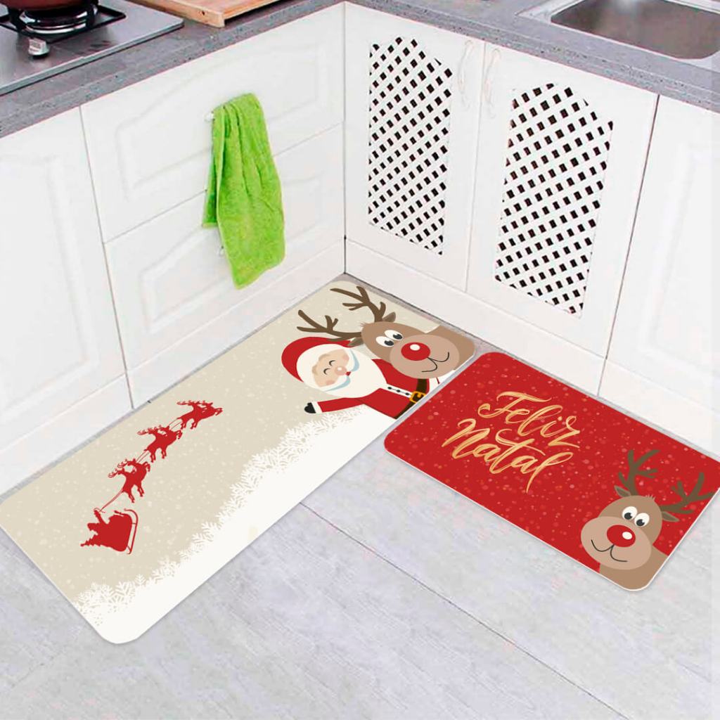 Jogo de Tapetes de Cozinha Natalino Antiderrapante - Feliz Natal