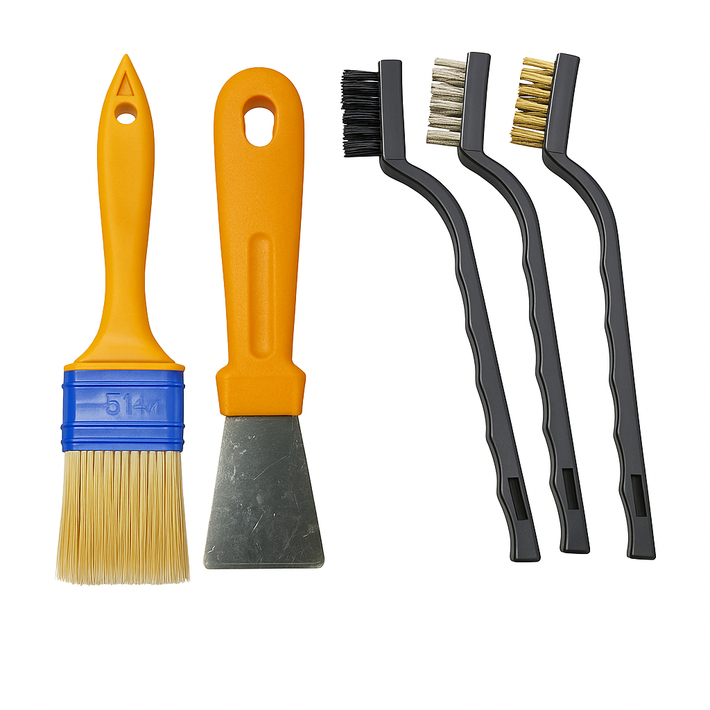 Kit Limpeza Profunda – Escovas para Ferrugem + Espátula para Gordura Incrustada + Pincel 1,5"