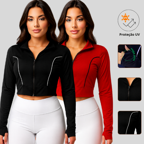 Kit 2 Blusa Cropped Manga Longa Casaquinho Academia Ziper Feminina Uv