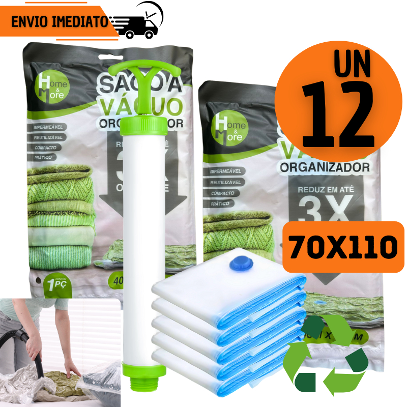 Kit 12 Sacos a Vácuo Organizadores 70x110 Bomba Manual Reduz Espaço até 3X Reutilizável Impermeável