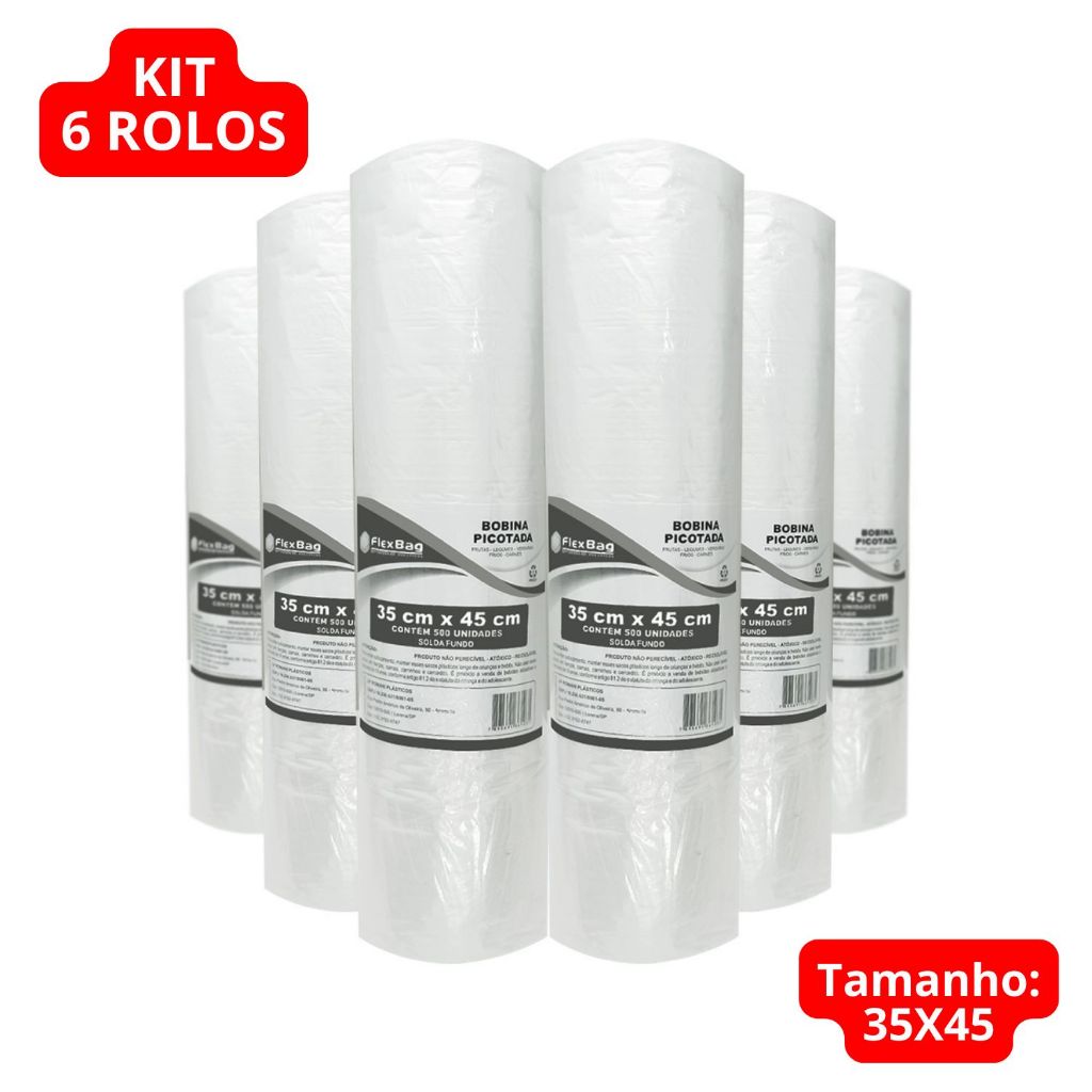 Saco Plástico 35X45 Bobina Picotada Tamanho Kit Com 6 Unidades