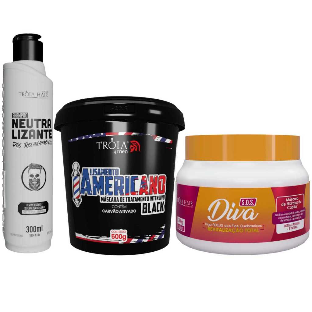 Kit Alisamento Americano Black – Tróia Hair 4Man (500g + 300ml + 250g) em Oferta na Shopee