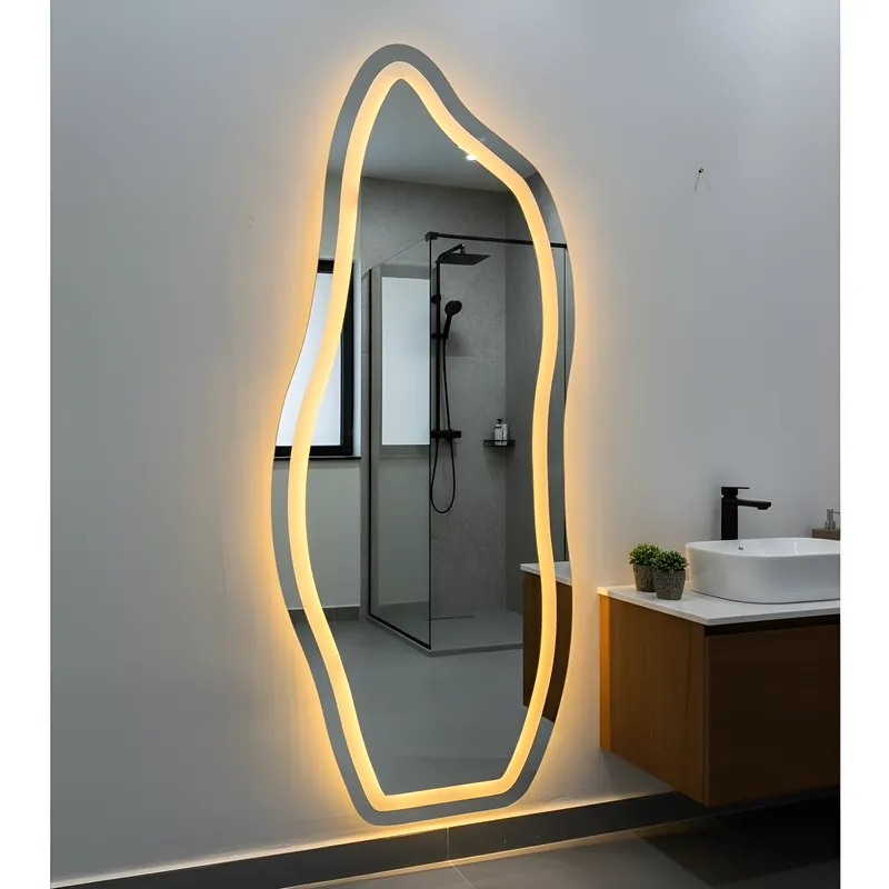 Espelho Orgânico Flame Corpo Inteiro 170cm x 70cm Polido LED Jateado Luz Branca e Luz Amarela Sala Quarto Banheiro