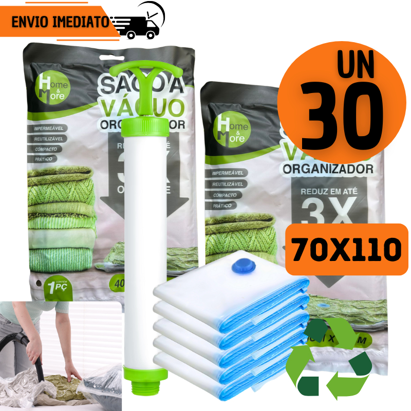 Jogo Saco a Vácuo 70x110 30 Unid Organizador Reutilizável Impermeável Reduz Volume 3X Bomba Manual