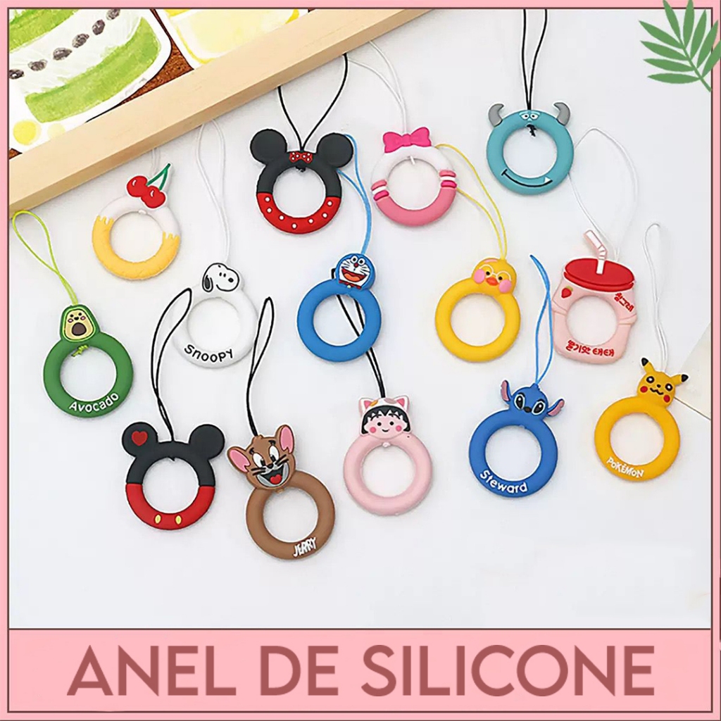Anel Anti-queda Silicone, Cordão de Personagem Para Smartphone e Chaveiro, Qualidade Superior e Envio Imediato.