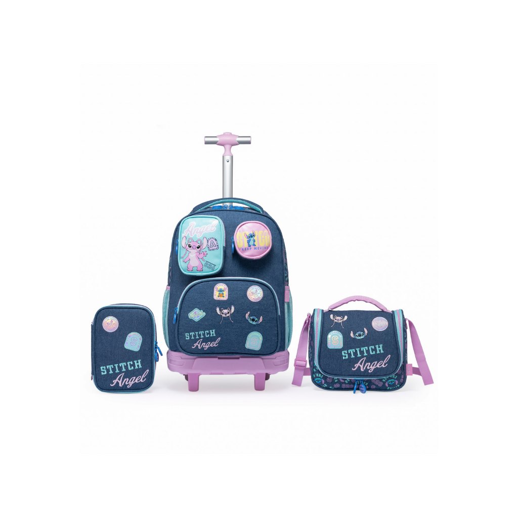 Kit Mochila Rodinha Stitch Disney Escolar  Estojo Lancheira Espaçosa