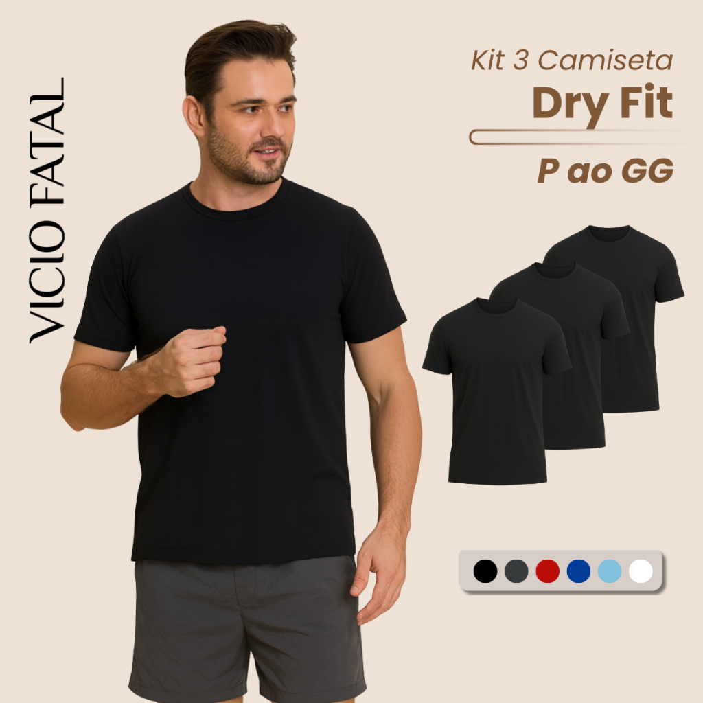 Kit 3 Camiseta Masculina Dry Fit Proteção UV 30 Tradicional Fresco Esportiva Varias Cores Verão