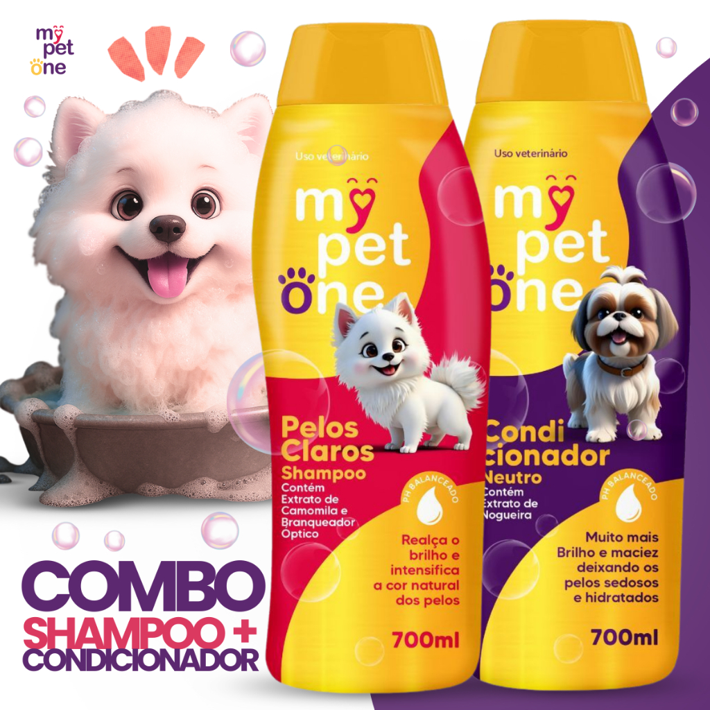 Kit Shampoo Premium 700 mL Pêlos Claros + Condicionador Cães e Gatos Mypetone em Oferta na Shopee