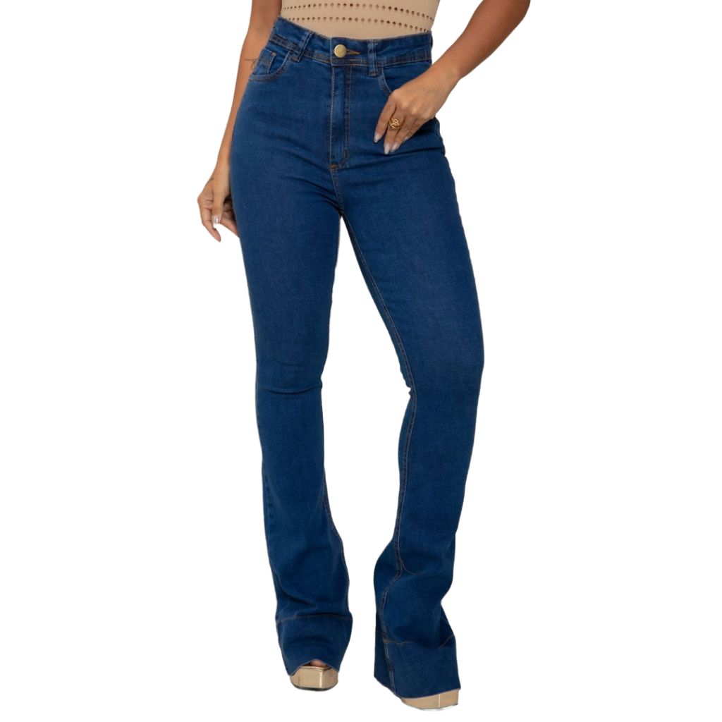 Calça Jeans Feminina Cintura Alta Flare Wide Leg Boca de Sino Jeans Feminino Premium